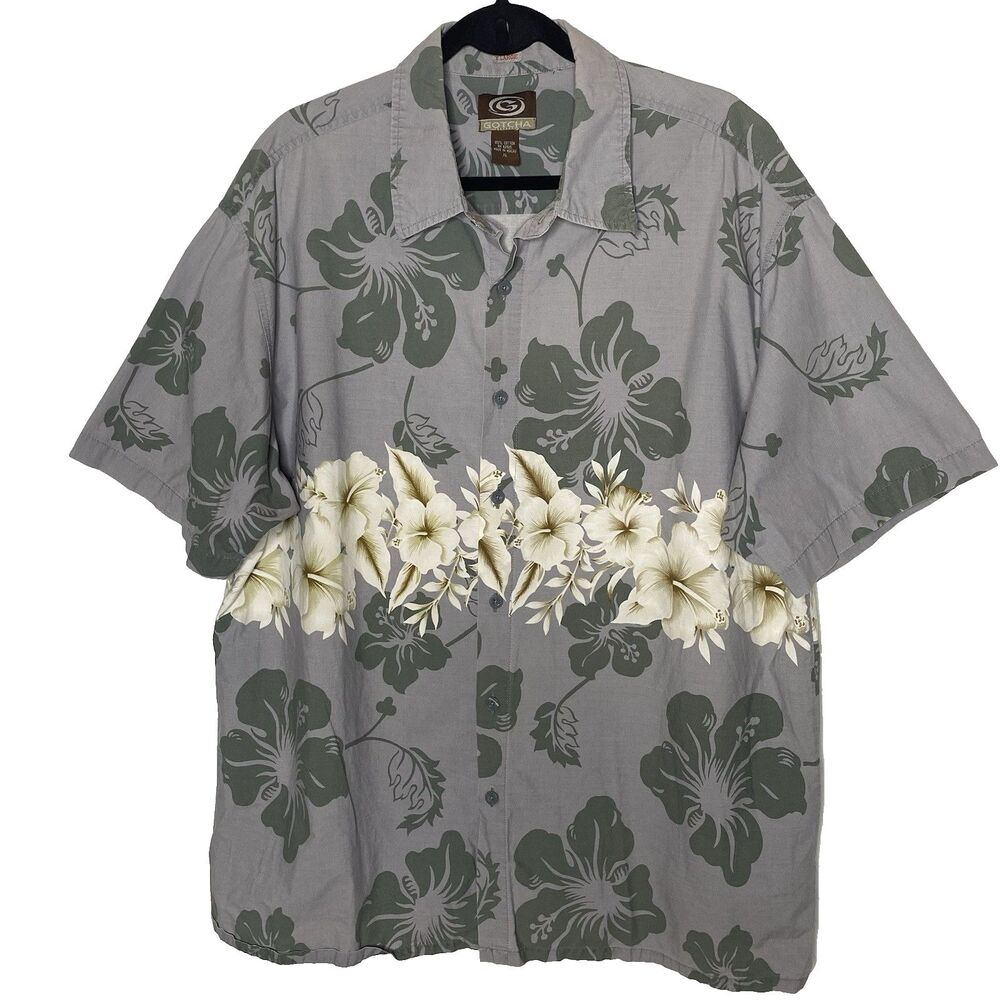 Vintage GOTCHA Shirt Hawaiian Tropical Floral Button Short Sleeve Mens XL Gray